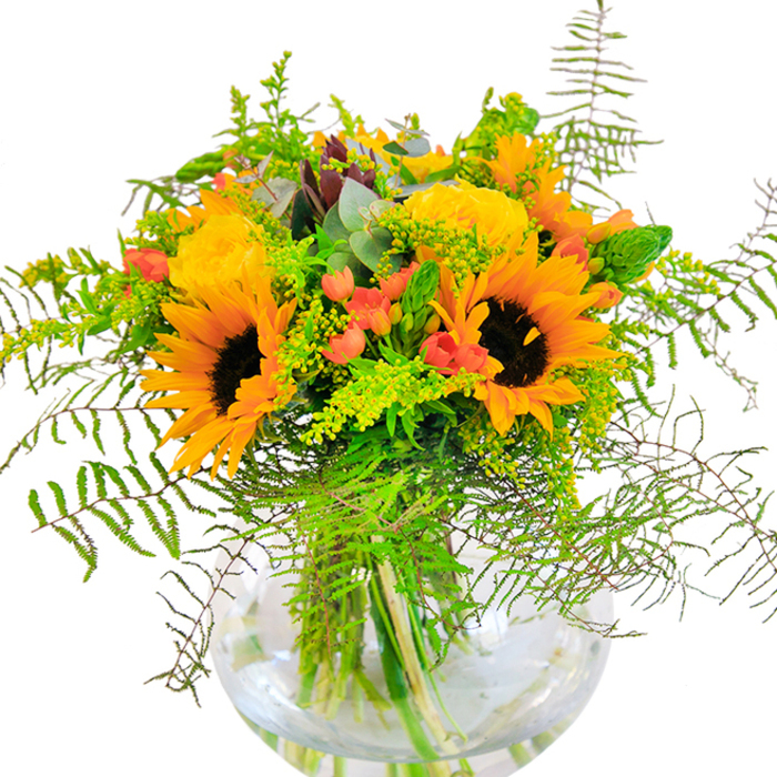 The first impression of this Harold Hill bouquet is one of radiant celebration-petals gleaming in sunlit yellow, creamy roses and robust sunflowers woven tightly together in an embrace of joy. Every stem echoes the colour and vitality found in Harold Hill's open greens and lively neighbourhood. The sunflowers, each with a cocoa-brown center and brilliant rays, provide the heart of the composition, while clusters of yellow garden roses spiral out with soft, silky layers. Between them, deep green foliage weaves through, punctuated by the lively presence of crimson-red Hypericum berries shining amidst the green, bringing life and dimension to the bouquet. Fern fronds and airy vines spill outward, evoking the wild beauty of local parks and trails, while understated goldenrod and slender spikes inject textural depth and quiet energy. The bouquet's structure shines within a clear, bowl-shaped glass vase, the stems tracing graceful lines beneath the lucid surface, exuding freshness and modern elegance. Inhale gently, and imagine the subtle, uplifting aroma of new blooms drifting through a Harold Hill kitchen or dining room. This arrangement is designed for happiness-perfect for birthdays, anniversaries, or simply turning any Harold Hill day into a memory tinged with sunshine and togetherness.