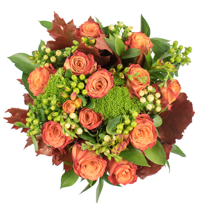 A dense, circular bouquet viewed from directly above, this composition celebrates the tactile pleasures of autumn through a considered mix of colour and texture. The dominant element is an abundance of large roses whose petals melt from soft peach into vivid coral and then into deeper russet at the fringes, each blossom opening in layered spirals that invite a fingertip's memory of velvet. Nestled between these principal blooms are clusters of Hypericum berries-some a zesty lime-green that seems to glow, others a gentle creamy yellow that calms the palette-providing glossy, bead-like contrasts to the roses' soft surfaces. The unexpected presence of Green Trick dianthus contributes a dense, mossy texture, its rounded, velour-like heads acting as tiny green islands across the arrangement. Strategically placed, broad leaves in burnt orange and deep maroon-reminiscent of autumnal oak-anchor the ensemble and heighten the seasonal mood, while surrounding fresh greens give the piece a lush, abundant backbone. Under soft studio lighting the interplay of highlights and shaded hollows creates a three-dimensional richness; the overall scent suggests rose sweetness with an underlying earthy softness, as if the bouquet has been carried in from a garden stroll along Upminster Road or a morning visit to local markets. As an arrangement suited to Thanksgiving tables, cosy interiors, or as a thoughtful seasonal gift, it conveys harvest warmth, gratitude, and quiet generosity-an artful, welcoming display meant to be set where family and friends will pause to admire its layered beauty.