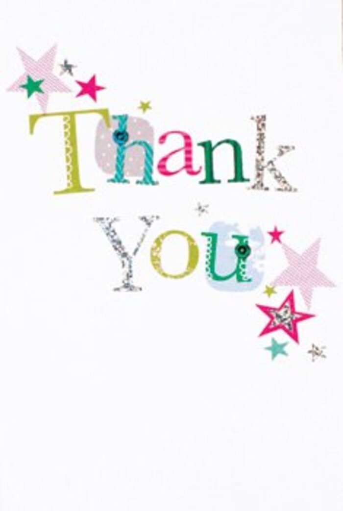 The expressive arrangement of lettering on this thank you card radiates a quietly exuberant charm-each curve and color carefully balanced to echo the easygoing vibrance of Harold Hill. Some letters are adorned with playful dots or flowing lines, while others shimmer with a silvery sheen, bringing forth a musical elegance reminiscent of laughter echoing from local community halls. Clusters of stars in vivid pink stripes, lush turquoise, and gleaming silver gather near the heartfelt words, adding a spark of festivity that recalls evenings spent at Harold Wood Park under glimmering fairy lights. The design's modern, airy spacing creates a feeling of openness, much like the sky over Noak Hill, with every element given room to shine. This harmonious blend of sophistication and playfulness makes the card universally appealing-a gesture as uplifting as a fresh bouquet of local Harold Hill flowers, equally perfect for a heartfelt thank you or a simple moment of appreciation. The tactile, memorable composition means that, just like Harold Hill's floral creations, it conveys gratitude in a way that lingers warmly in the mind and heart.