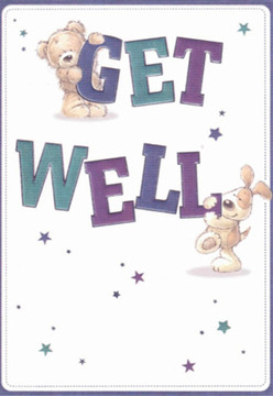 Set against a pristine white canvas, this get well card is a gentle tribute to the spirit of care found across Harold Hill. The imagery unfolds with a cuddly teddy bear lovingly perched on the word 'GET,' while an earnest puppy nestles around 'WELL,' both figures rendered with soft, inviting contours and heartwarming expressions. Dazzling stars-painted in a palette of blues, purples, and teals-flutter across the scene, echoing the fresh hope that a bouquet from a Harold Hill florist brings to someone in need. The text itself is bold and friendly, hand-lettered to evoke celebration and comfort, much like the cheerful streets and communal gardens in the area. Subtle brushstrokes in the fur and background create a tactile depth, making the illustrated figures almost tangible enough to hug. There's an easy sense of lightness in the composition-a quality often found in the gentle interactions between neighbours on warm afternoons near Central Park Harold Hill. This card radiates emotional warmth, offering a thoughtful, comforting gesture to brighten the road to recovery for anyone in Harold Hill.