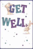 Brimming with cheerful optimism, this get well card is a heartfelt reflection of Harold Hill's community kindness and support. The playful illustration features an adorable teddy bear-soft-furred and sweet-balancing atop the vibrant letters of 'Get Well,' while a spirited puppy, with floppy ears and a wagging tail, leans in below. Indigo and teal hues burst forth in the bold text, creating a lively contrast against a creamy white background, much like the inviting tones of blooms arranged in a Harold Hill flower shop. Scattered throughout are whimsical stars in an array of blues and purples, twinkling with hope and renewal-a visual metaphor for sending light and encouragement to someone on the road to recovery. Each character's expressive eyes and tender pose evoke a comforting embrace, as if the card itself carries the warmth of a thoughtful, in-person delivery. With its tactile details and gentle, uplifting energy, this card is the perfect companion for a fresh bouquet, delivering a double measure of comfort and joy to loved ones across Harold Hill.